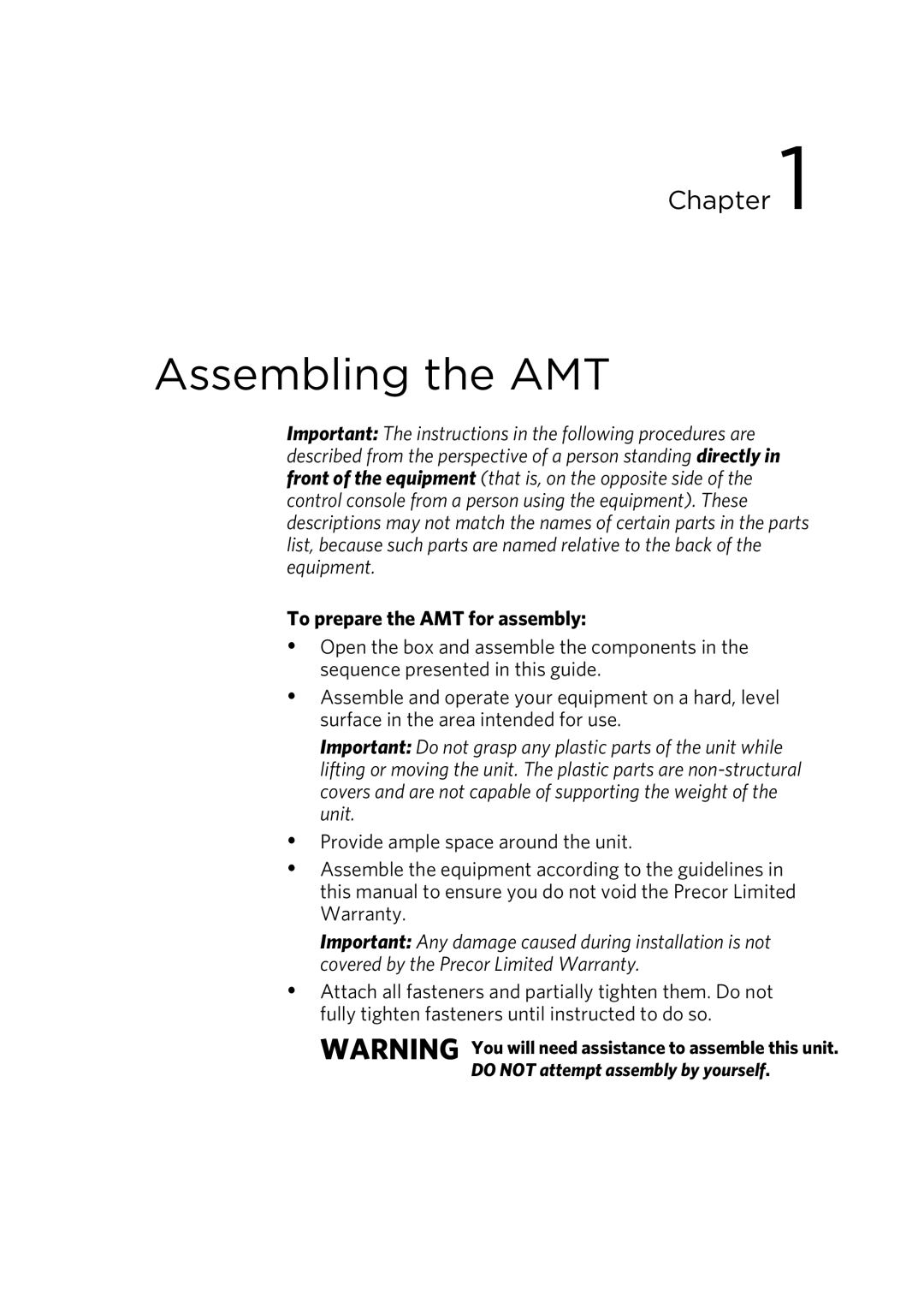 Precor 303135-111 manual Assembling the AMT, To prepare the AMT for assembly 