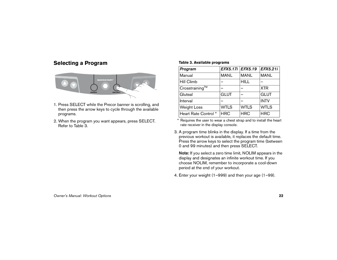 Precor 5.17i, 5.21i, 5.19 manual Selecting a Program, Hrc 