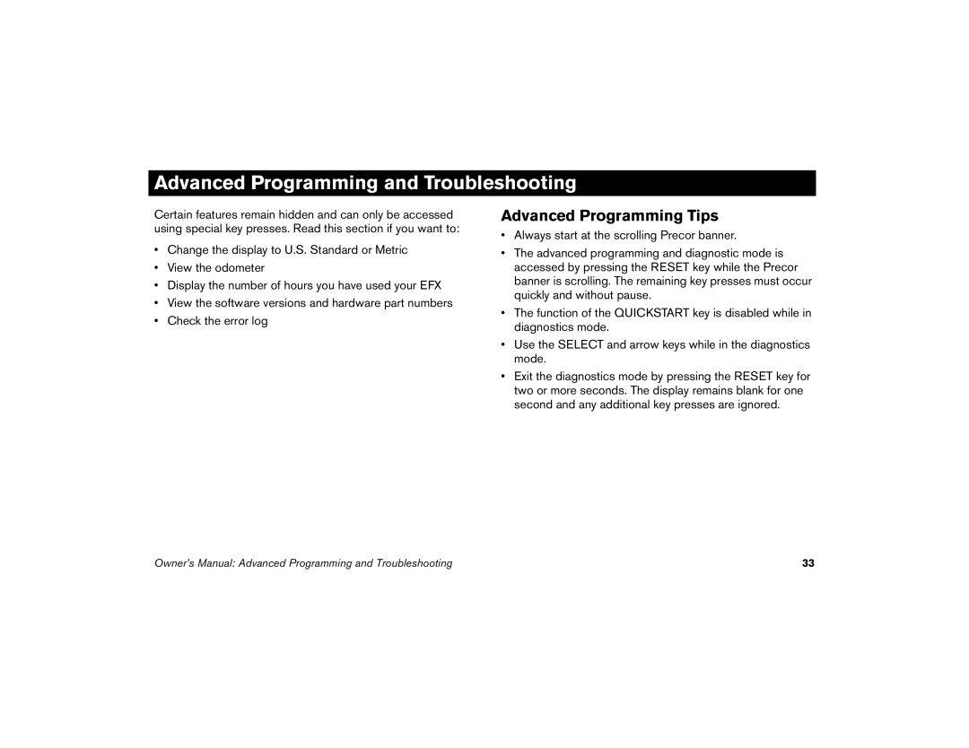 Precor 5.19, 5.17i, 5.21i manual Advanced Programming and Troubleshooting, Advanced Programming Tips 