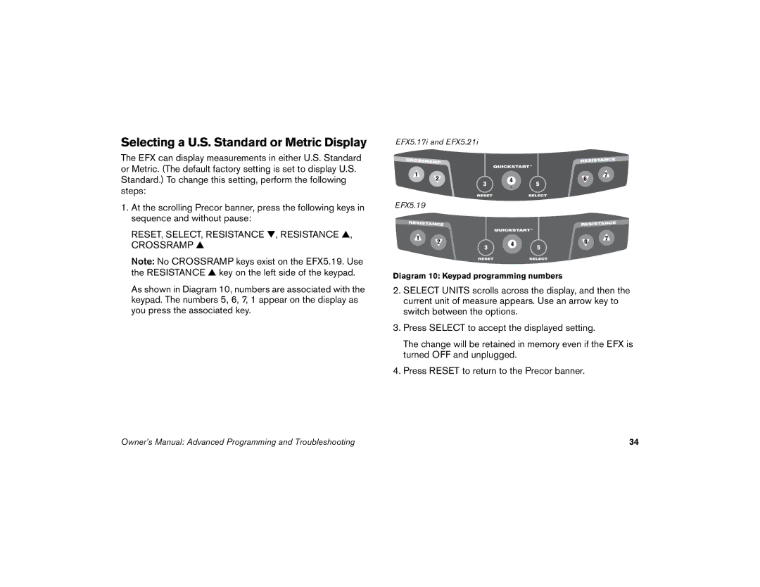 Precor 5.17i, 5.21i, 5.19 Selecting a U.S. Standard or Metric Display, RESET, SELECT, Resistance , Resistance , Crossramp 