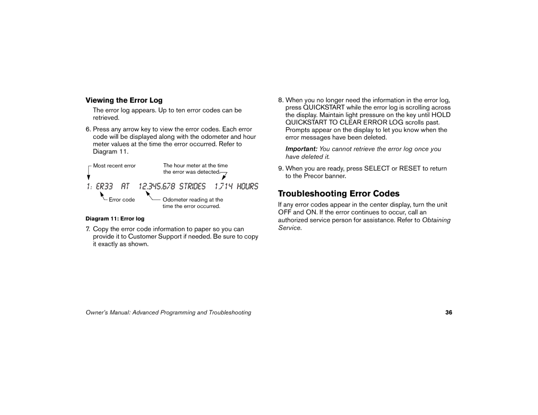 Precor 5.19, 5.17i, 5.21i manual Troubleshooting Error Codes, Viewing the Error Log, ER33 AT 