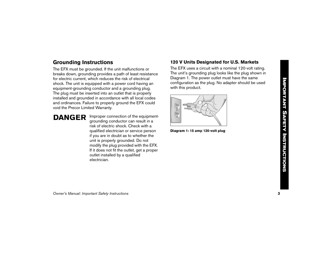 Precor 5.19, 5.17i, 5.21i manual Grounding Instructions, Units Designated for U.S. Markets 