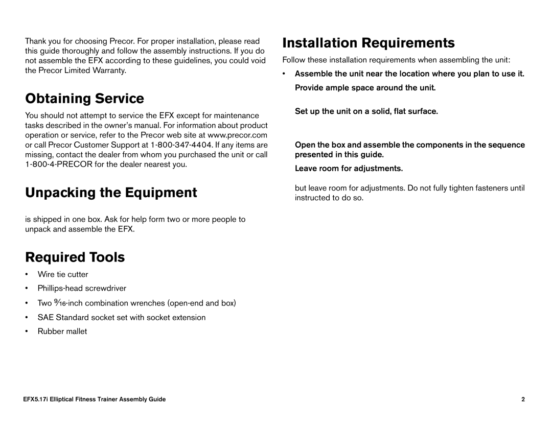 Precor 5.21i, 5.17i, 5.19 manual Obtaining Service Unpacking the Equipment 