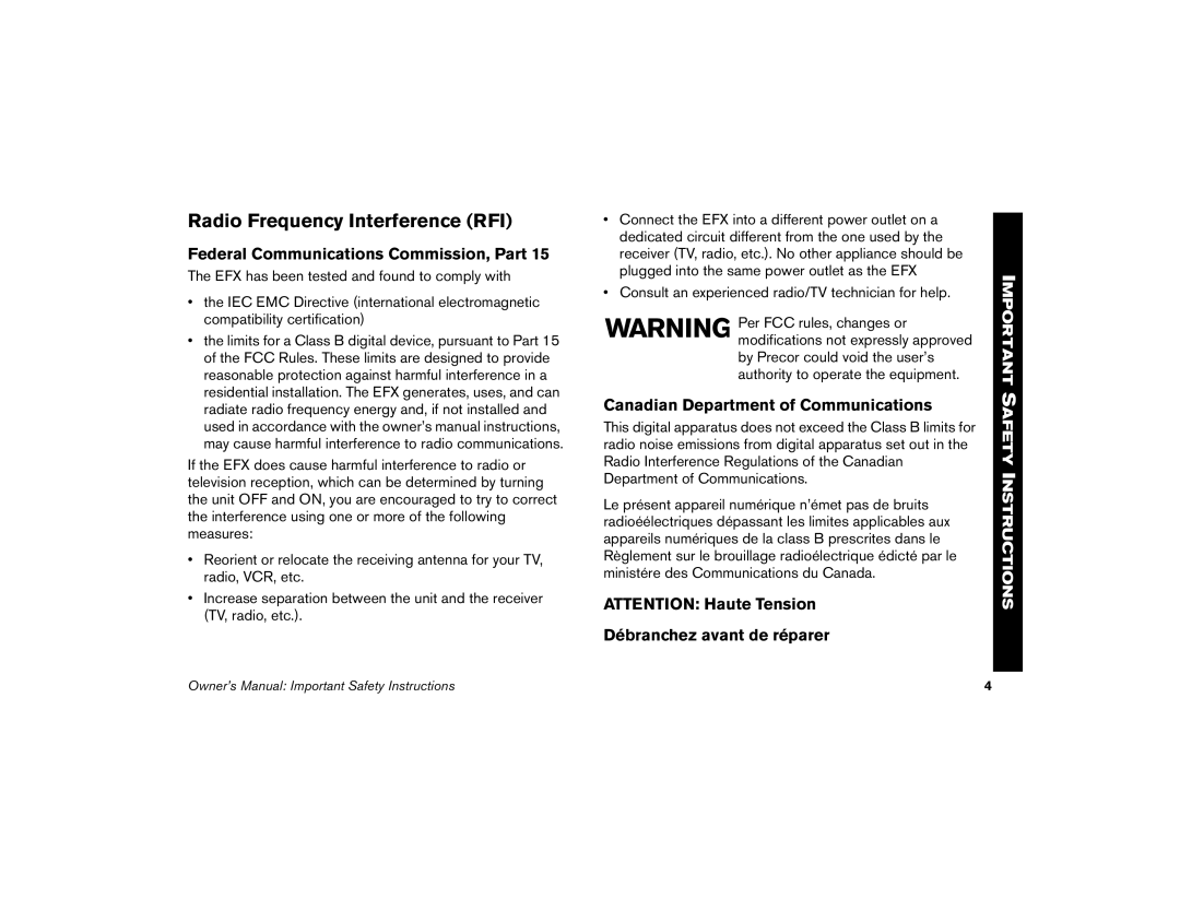 Precor 5.17i, 5.21i Radio Frequency Interference RFI, Federal Communications Commission, Part, Débranchez avant de réparer 