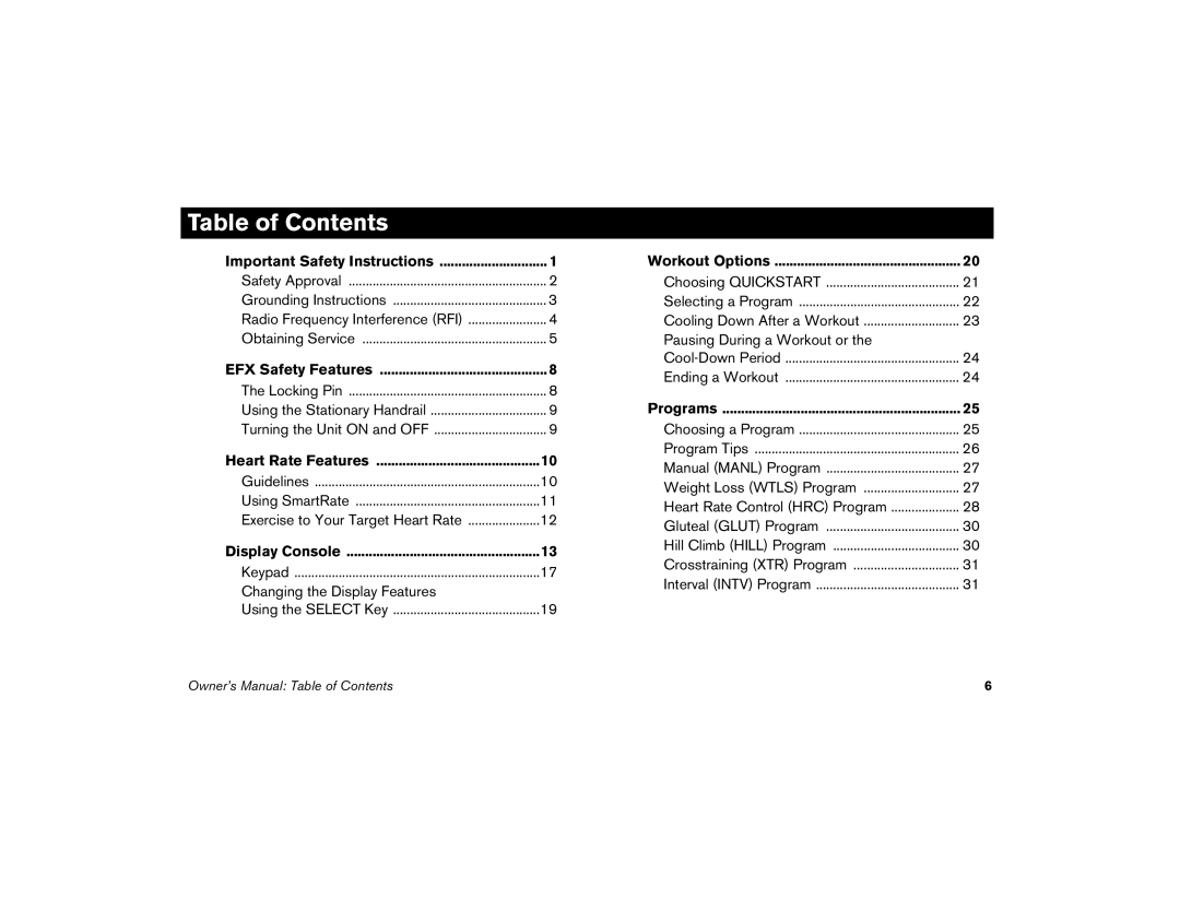 Precor 5.19, 5.17i, 5.21i manual Table of Contents 