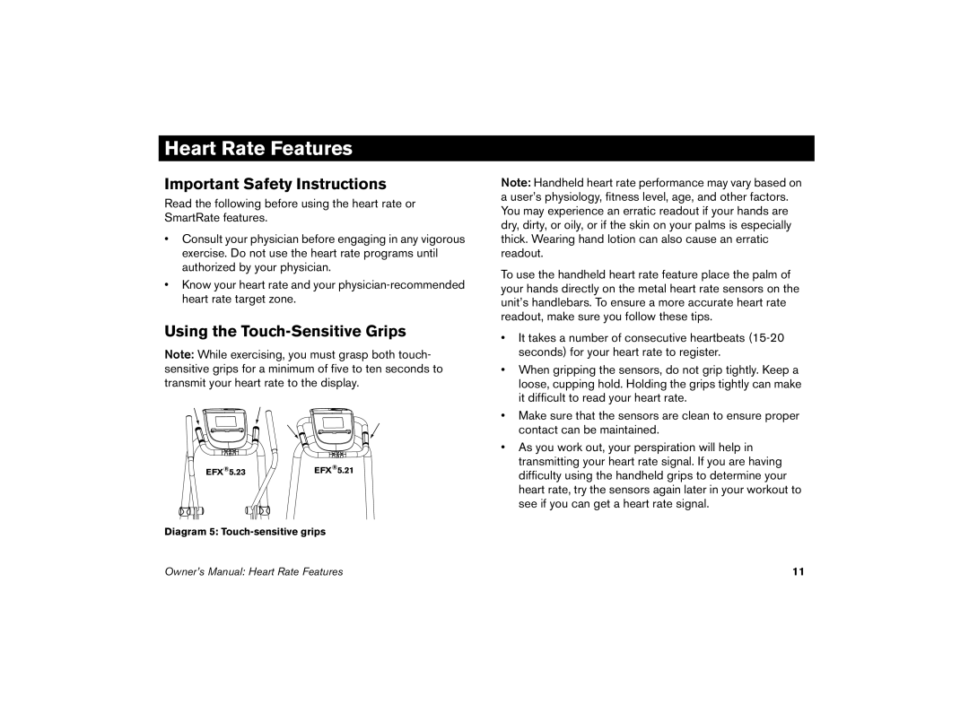 Precor 5.21 manual Heart Rate Features, Important Safety Instructions, Using the Touch-Sensitive Grips 