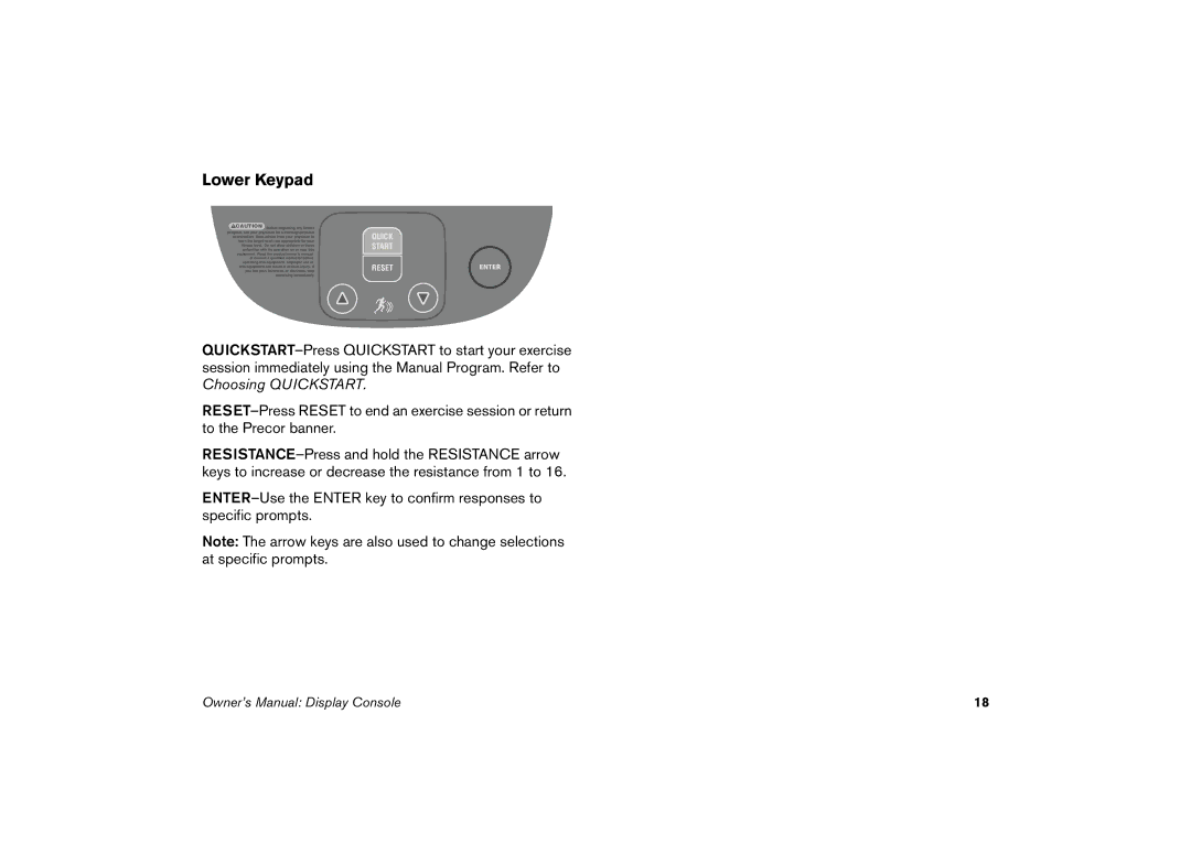 Precor 5.21 manual Lower Keypad, Quick 