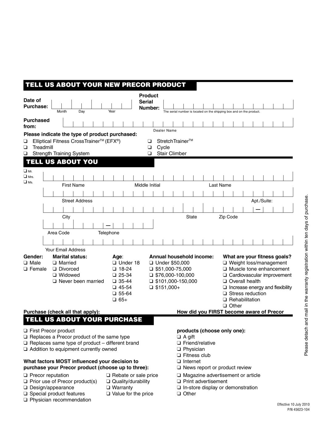 Precor 5.21 manual Tell US about Your NEW Precor Product 