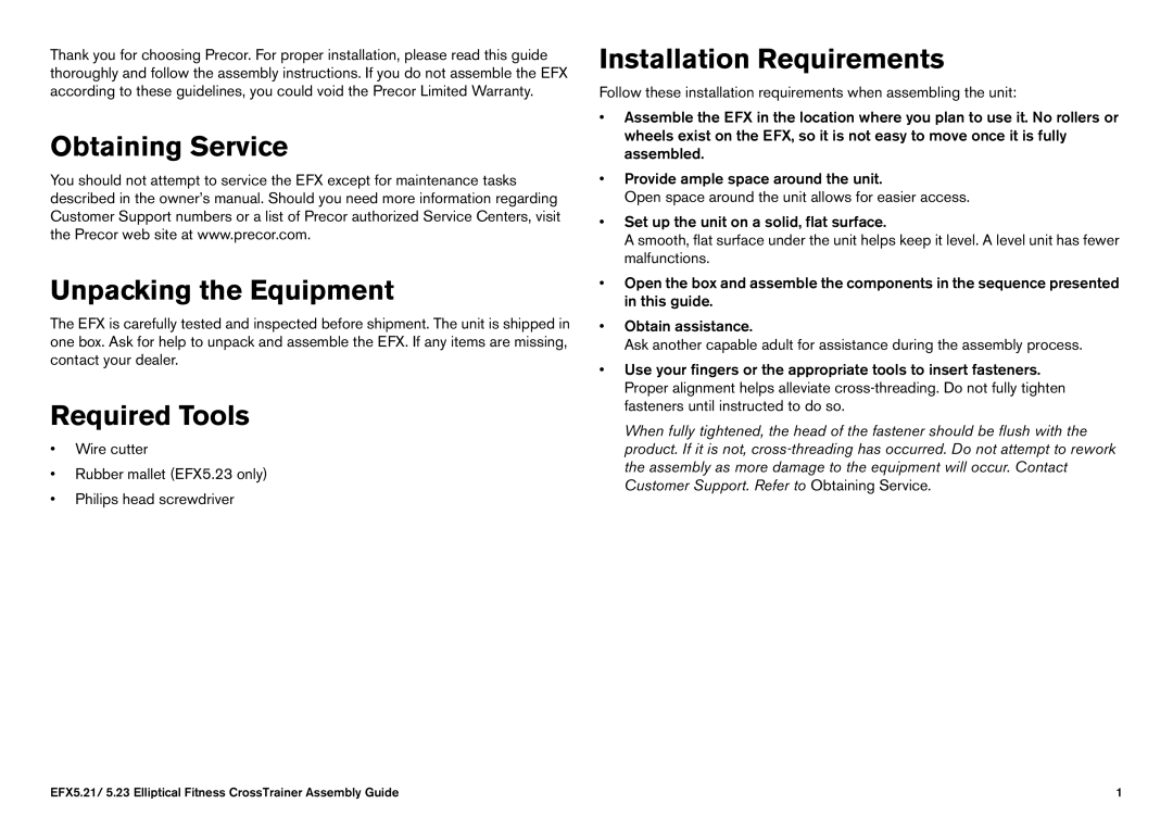 Precor 5.21 manual Required Tools 