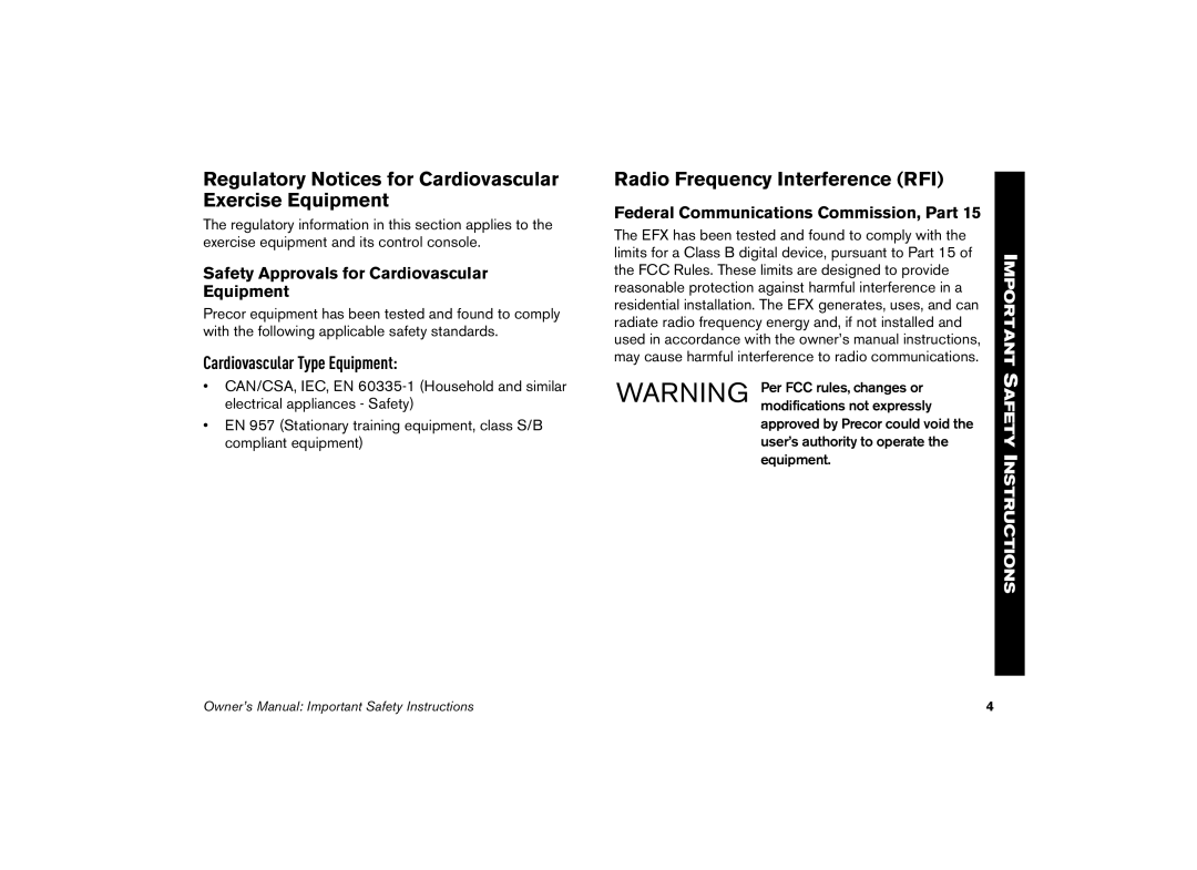 Precor 5.21 manual Regulatory Notices for Cardiovascular Exercise Equipment, Radio Frequency Interference RFI 