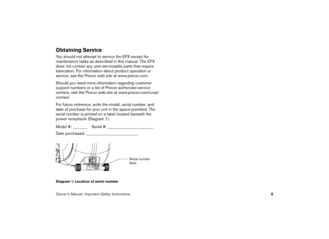 Precor 5.21 manual Obtaining Service 