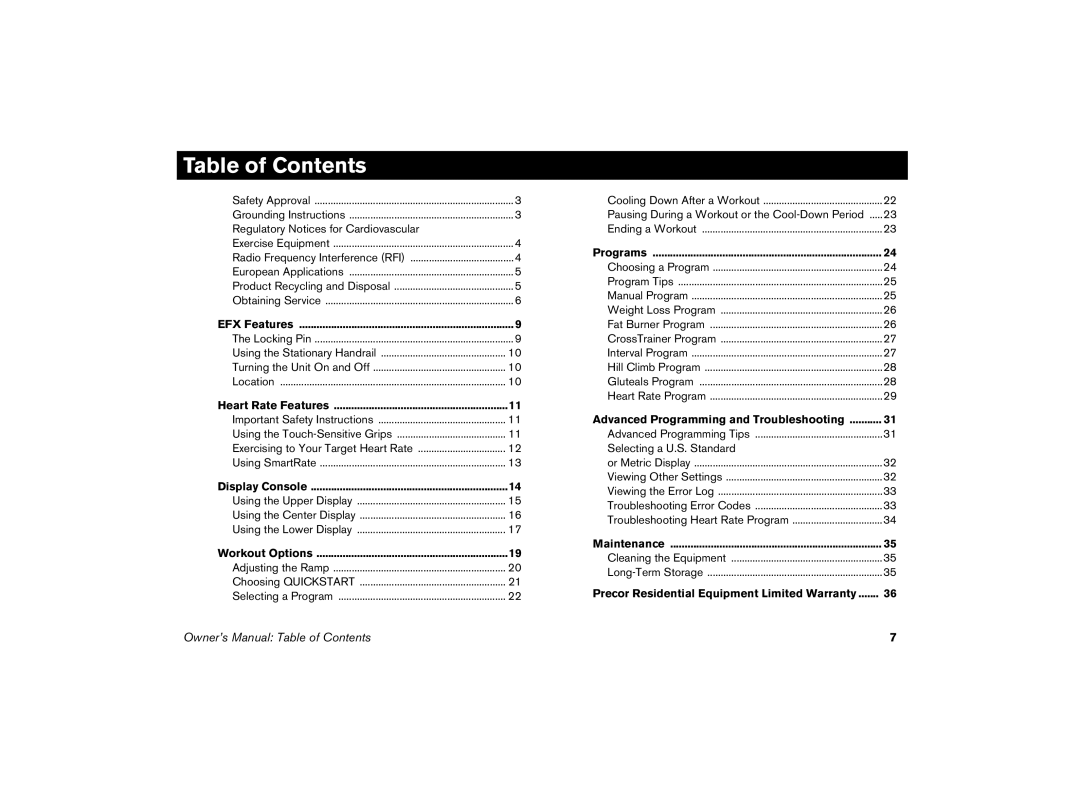 Precor 5.21 manual Table of Contents 