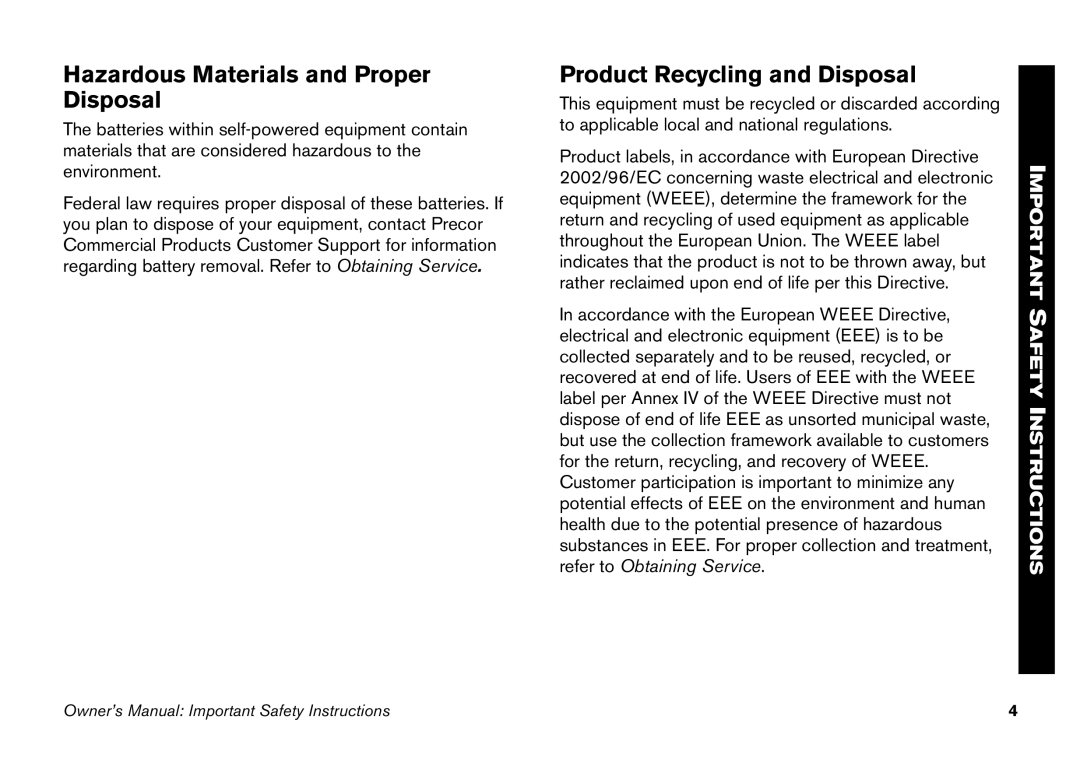 Precor 5.25 manual Hazardous Materials and Proper Disposal, Product Recycling and Disposal 