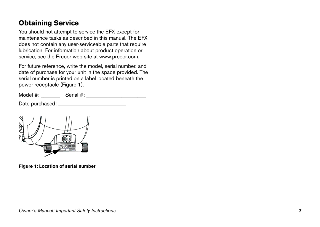 Precor 5.25 manual Obtaining Service, Location of serial number 