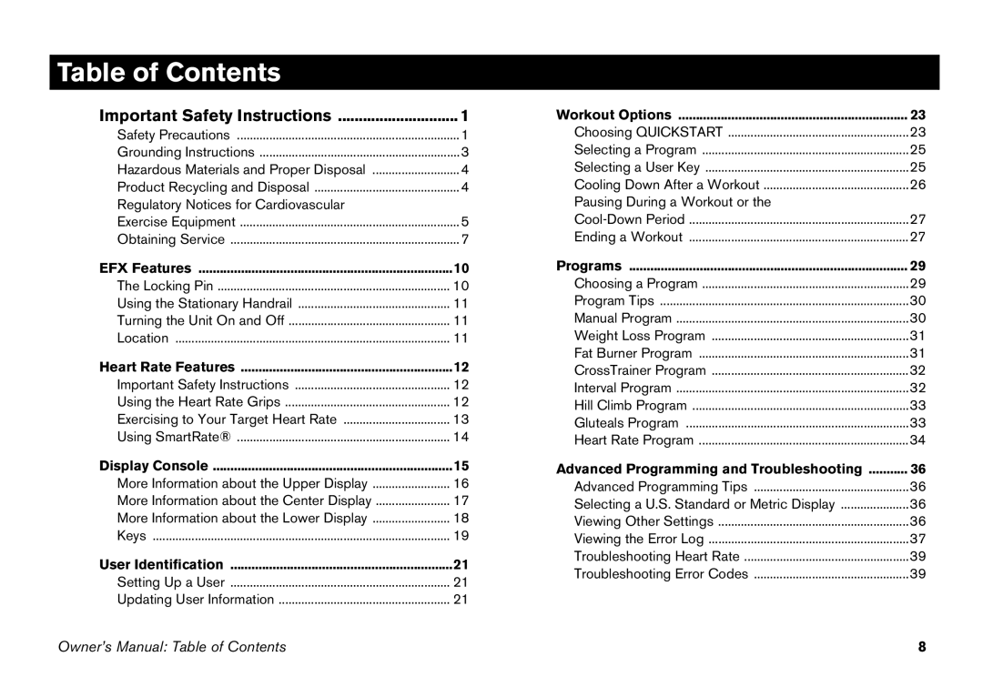 Precor 5.25 manual Table of Contents 