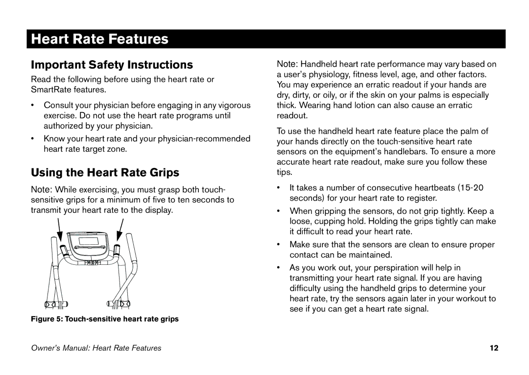 Precor 5.25 manual Heart Rate Features, Important Safety Instructions, Using the Heart Rate Grips 