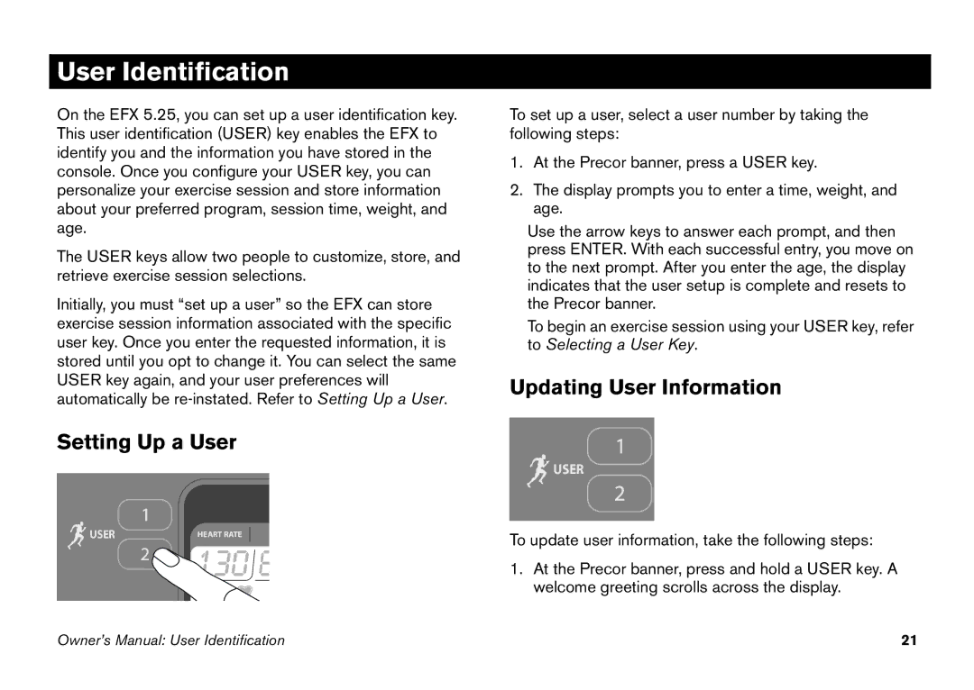 Precor 5.25 manual User Identification, Setting Up a User, Updating User Information 