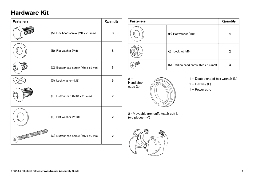 Precor 5.25 manual Hardware Kit, Fasteners Quantity 