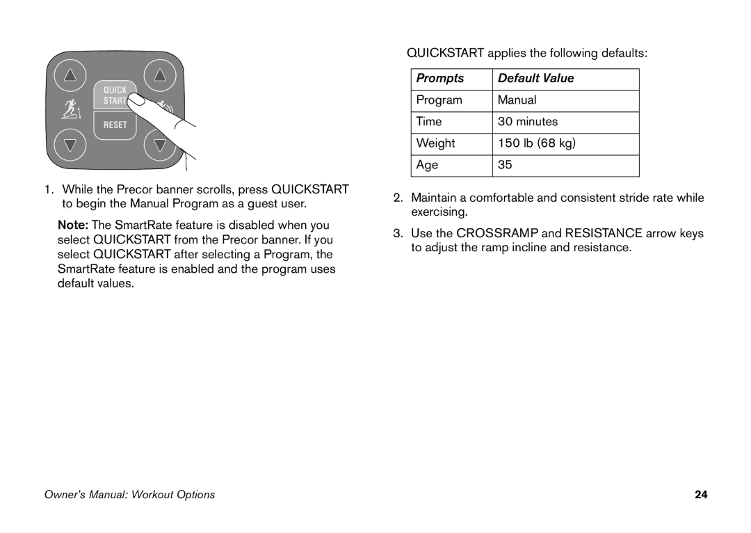 Precor 5.25 manual Quickstart applies the following defaults 