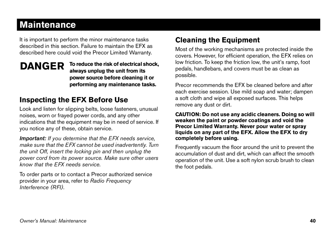 Precor 5.25 manual Maintenance, Inspecting the EFX Before Use, Cleaning the Equipment 