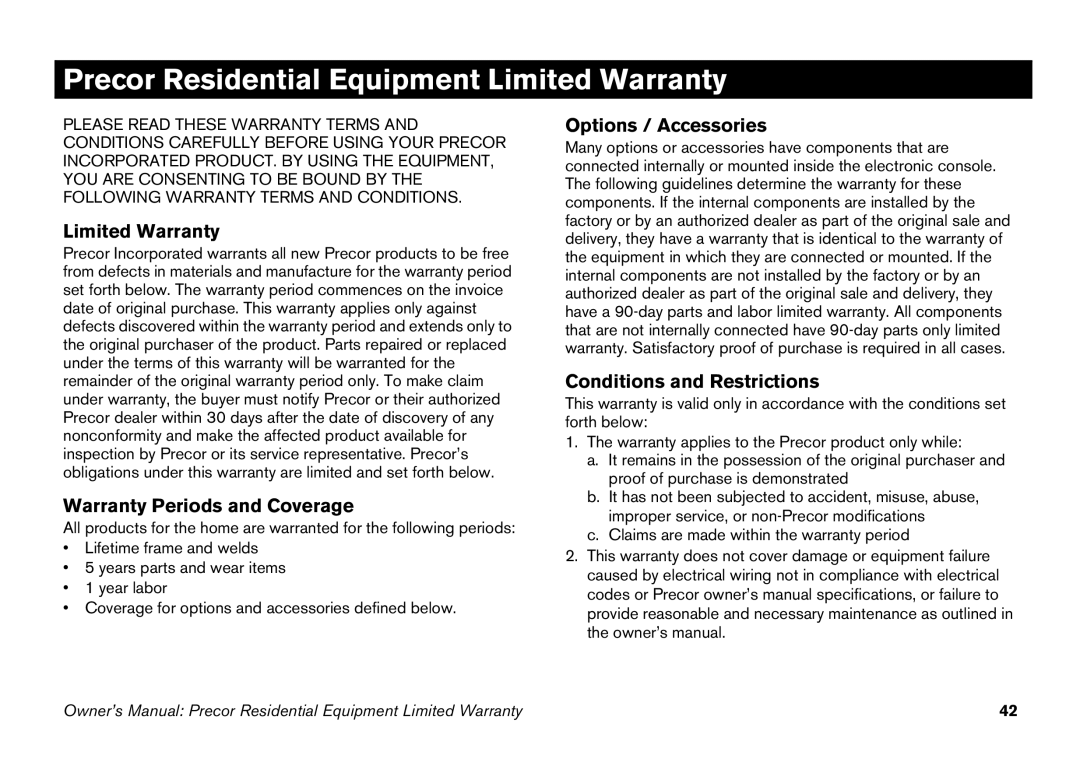 Precor 5.25 manual Precor Residential Equipment Limited Warranty 