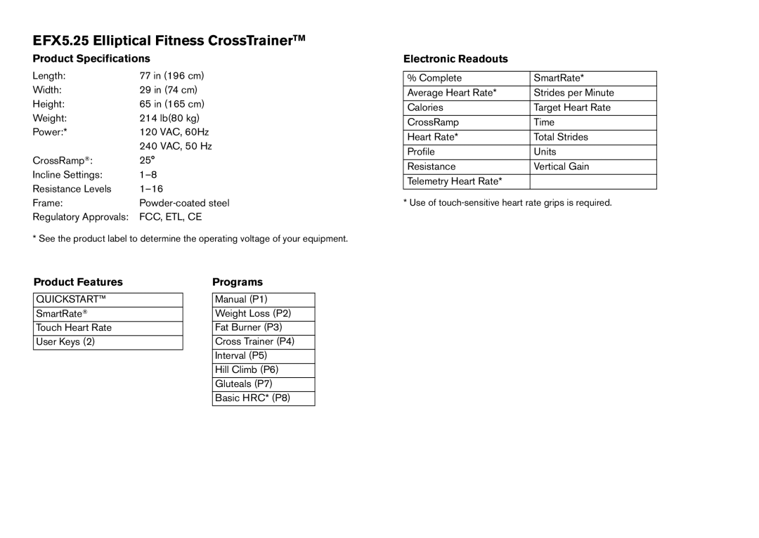 Precor manual EFX5.25 Elliptical Fitness CrossTrainerTM, Product Specifications 