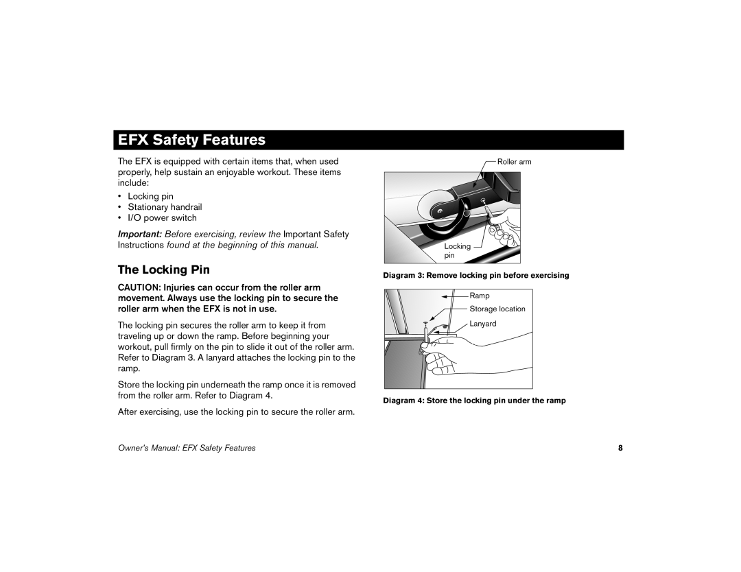 Precor 5.33, 5.23 manual EFX Safety Features, Locking Pin 