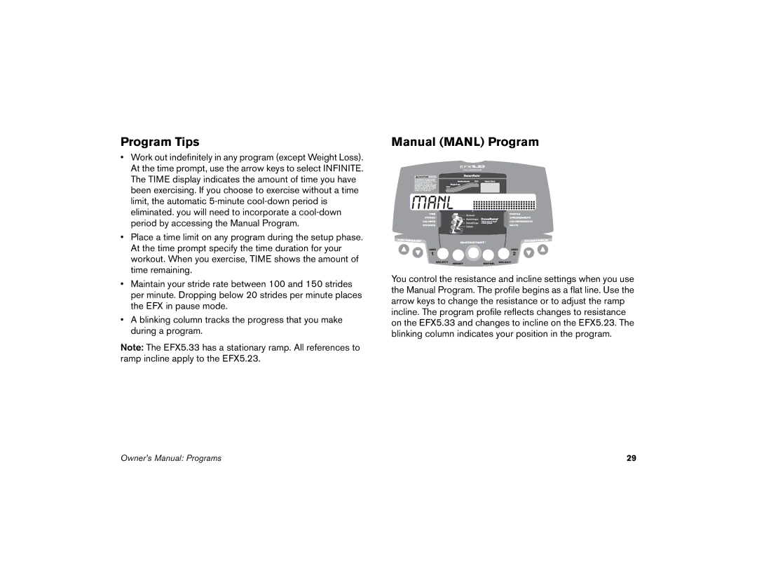 Precor 5.23, 5.33 manual Program Tips, Manual Manl Program 