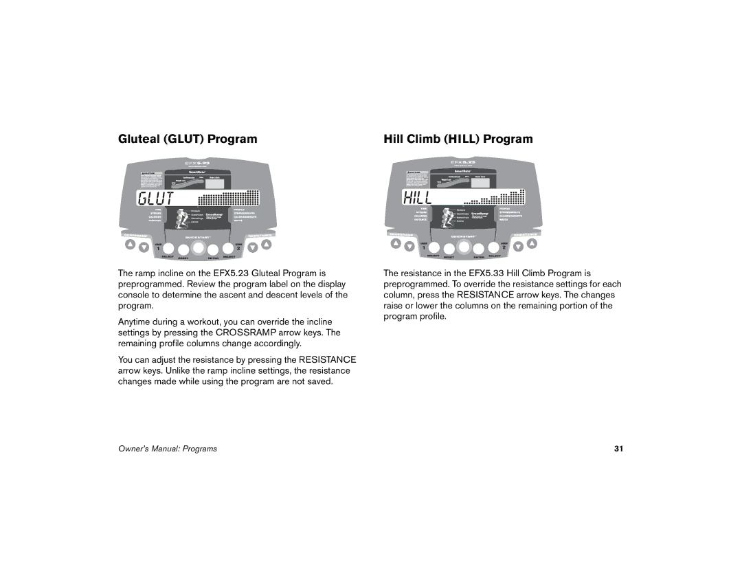 Precor 5.23, 5.33 manual Glut Hill, Gluteal Glut Program Hill Climb Hill Program 