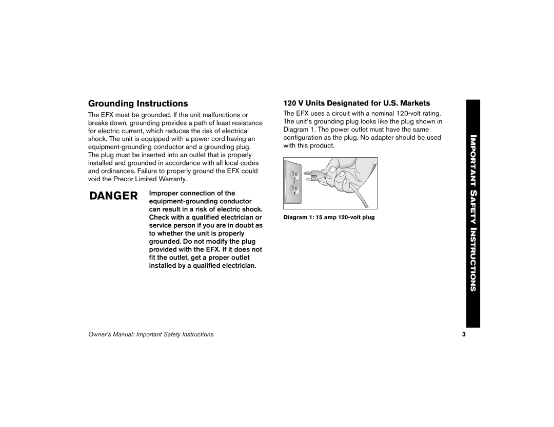 Precor 5.23, 5.33 manual Grounding Instructions, Units Designated for U.S. Markets 