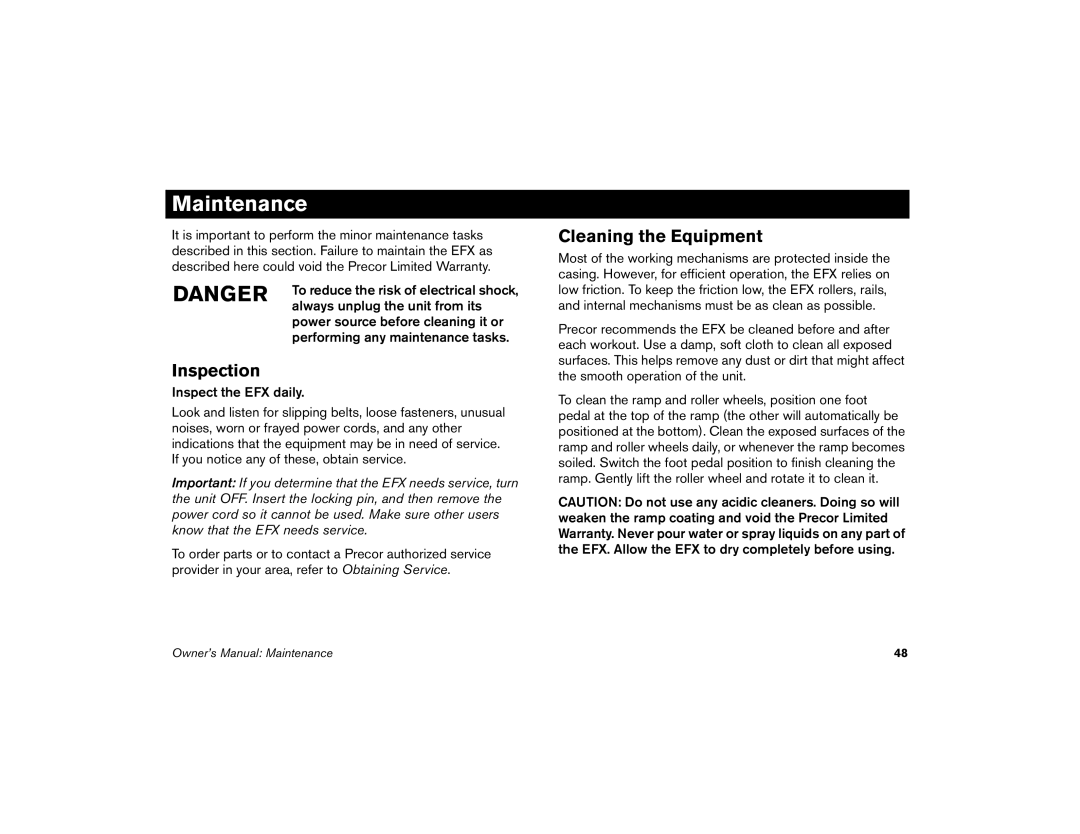 Precor 5.33, 5.23 manual Inspection, Cleaning the Equipment 