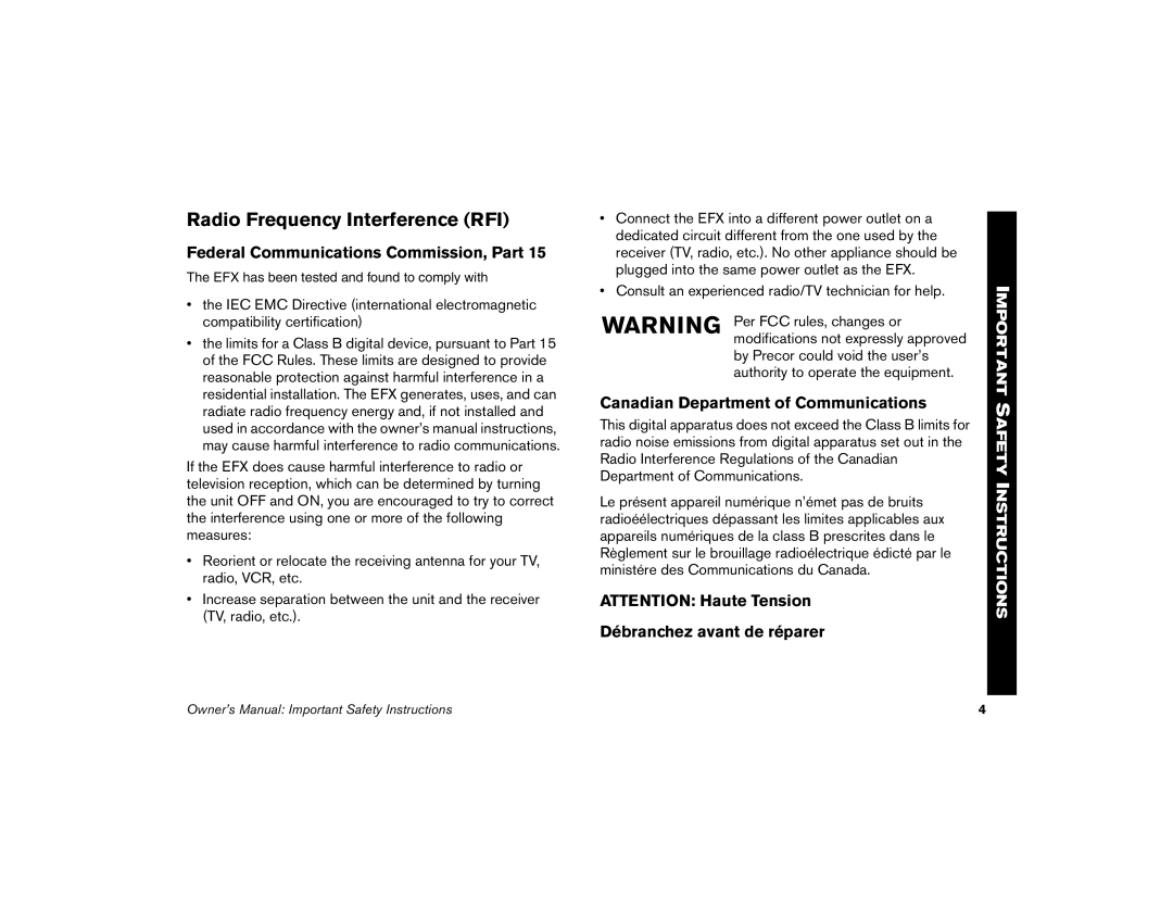 Precor 5.33, 5.23 Radio Frequency Interference RFI, Federal Communications Commission, Part, Débranchez avant de réparer 