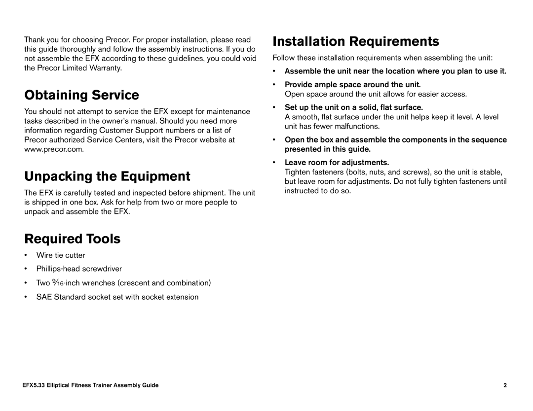 Precor 5.33, 5.23 manual Obtaining Service Unpacking the Equipment 