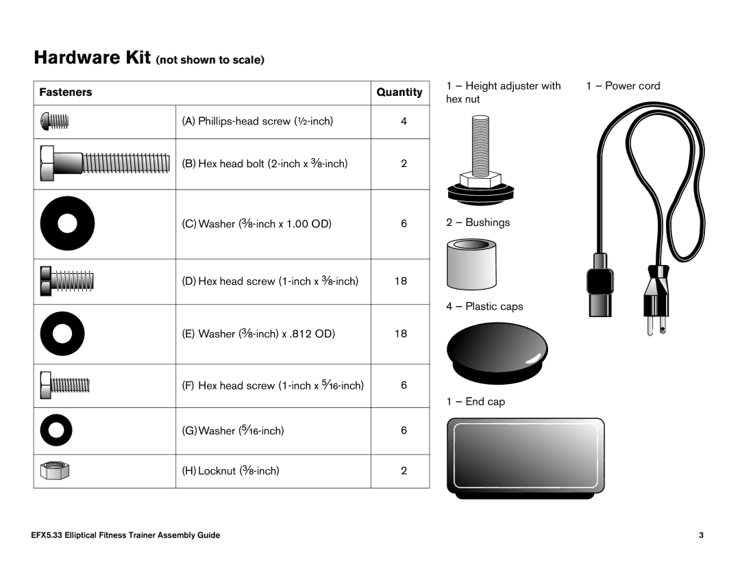 Precor 5.23, 5.33 manual Hardware Kit not shown to scale Fasteners Quantity 