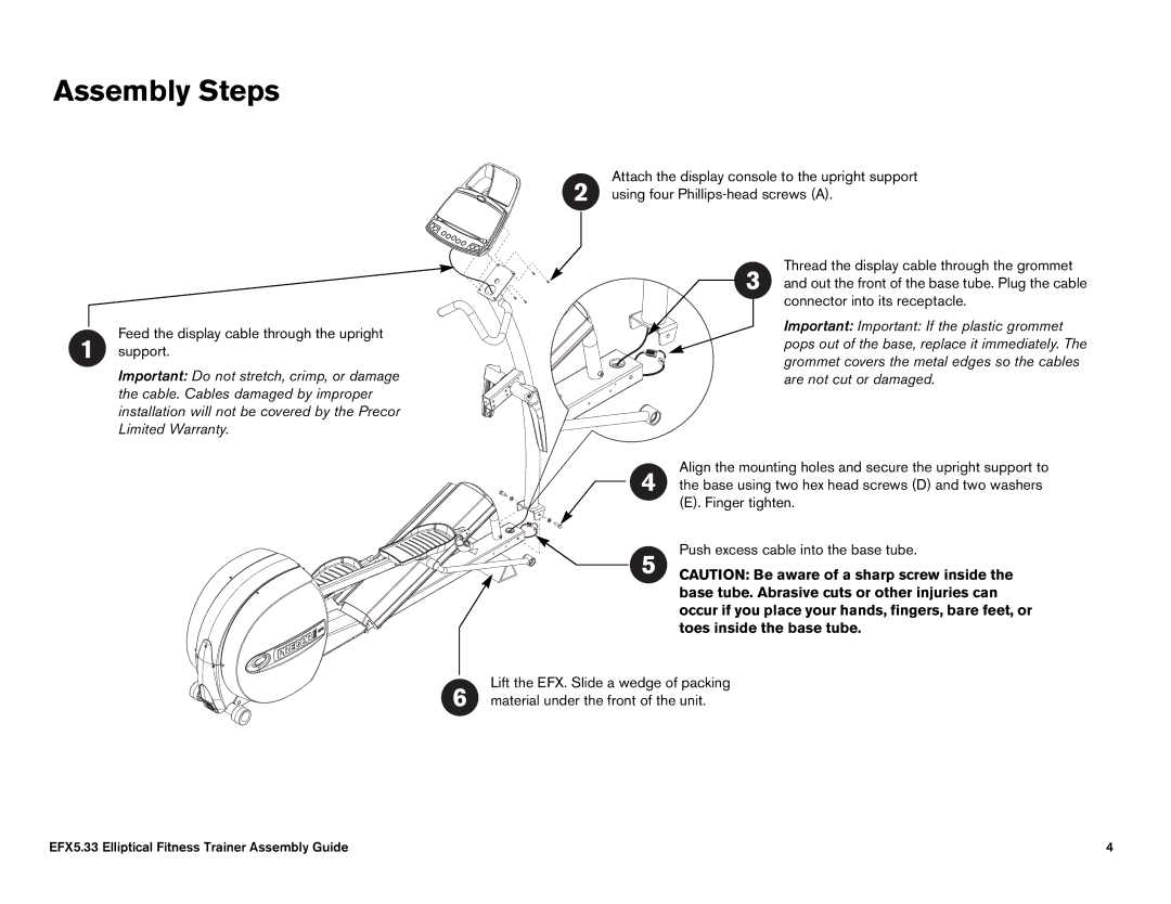 Precor 5.33, 5.23 manual Assembly Steps 