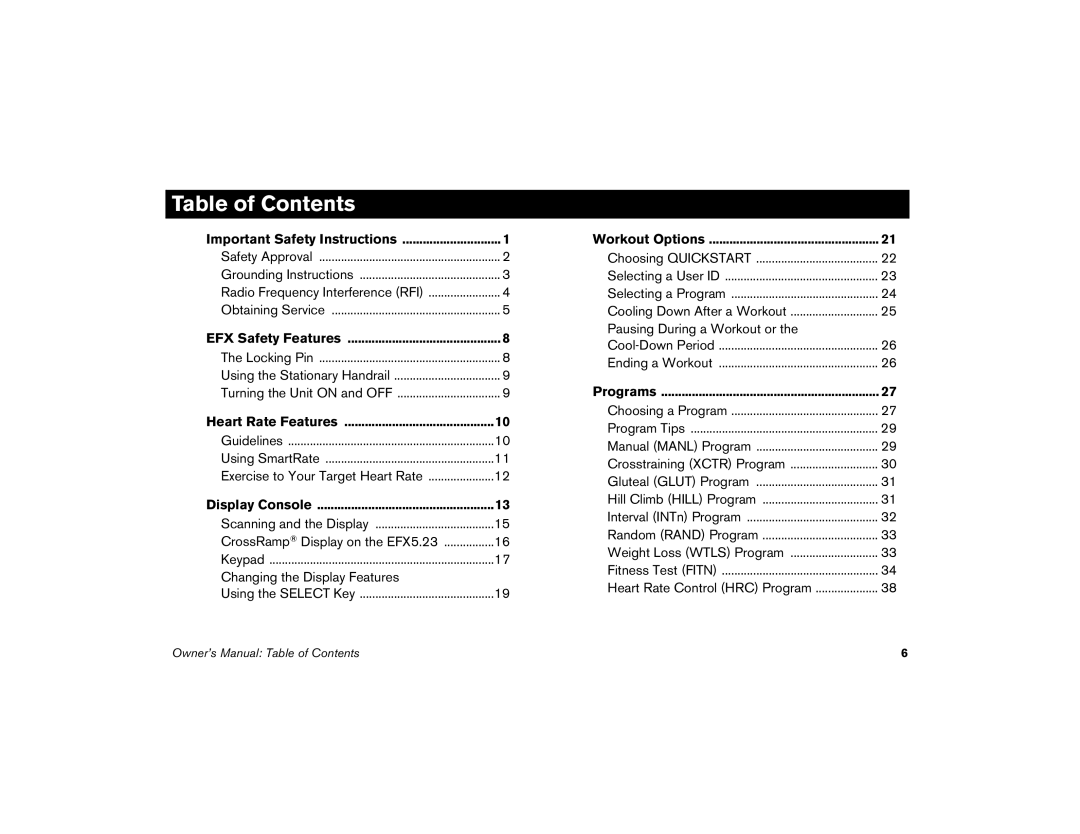 Precor 5.33, 5.23 manual Table of Contents 