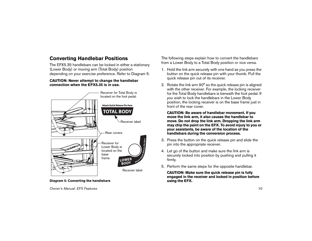 Precor 5.35, 5.31 manual Converting Handlebar Positions, Lower Body 