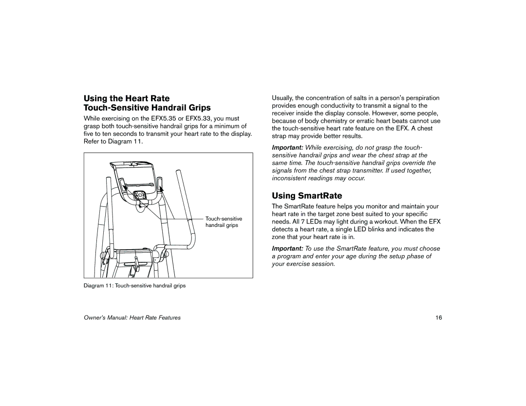 Precor 5.35, 5.31 manual Using the Heart Rate Touch-Sensitive Handrail Grips, Using SmartRate 