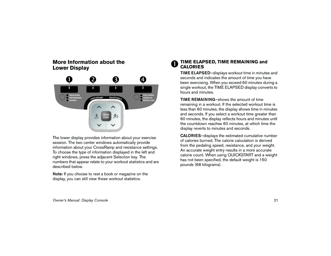 Precor 5.31, 5.35 manual More Information about the Lower Display, Time ELAPSED, Time Remaining 