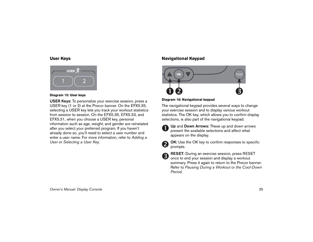 Precor 5.31, 5.35 manual User Keys Navigational Keypad 