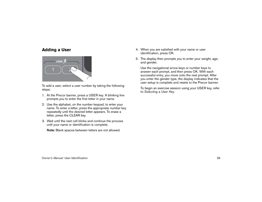 Precor 5.31, 5.35 manual Adding a User 