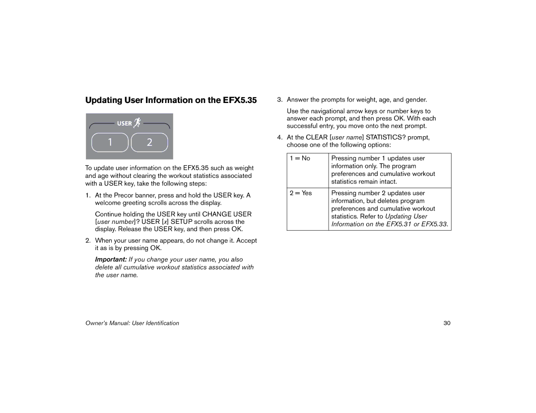 Precor 5.31 manual Updating User Information on the EFX5.35, Answer the prompts for weight, age, and gender 