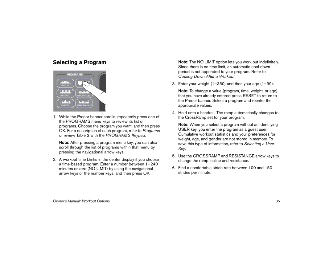 Precor 5.31, 5.35 manual Selecting a Program 