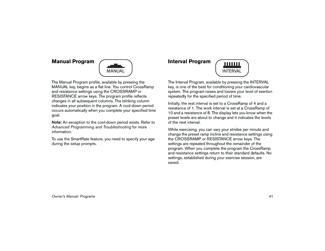 Precor 5.31, 5.35 manual Manual Program, Interval Program 