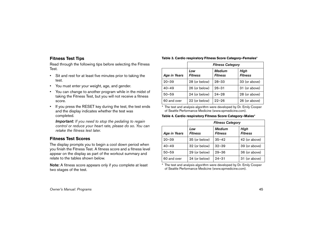 Precor 5.31, 5.35 manual Fitness Test Tips, Fitness Test Scores 