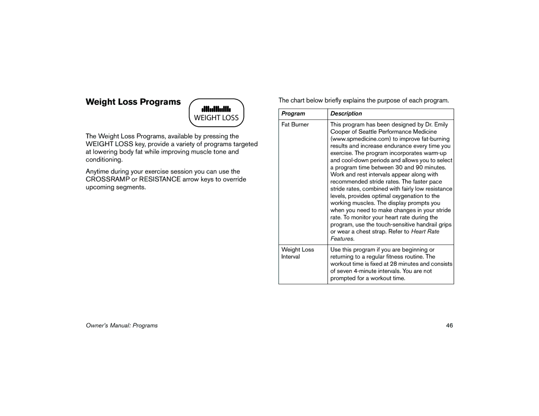 Precor 5.35, 5.31 manual Weight Loss Programs 