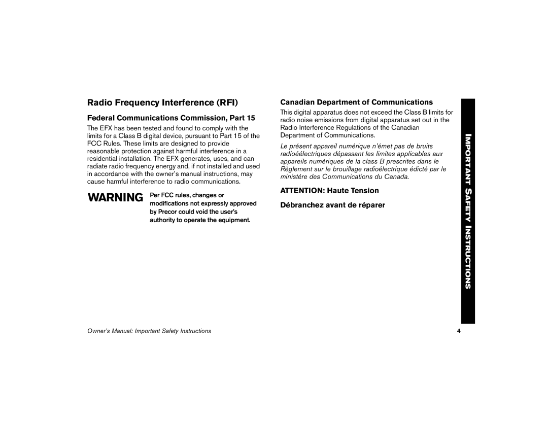 Precor 5.35, 5.31 Radio Frequency Interference RFI, Federal Communications Commission, Part, Débranchez avant de réparer 