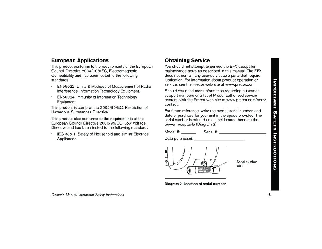 Precor 5.31, 5.35 manual European Applications, Obtaining Service 