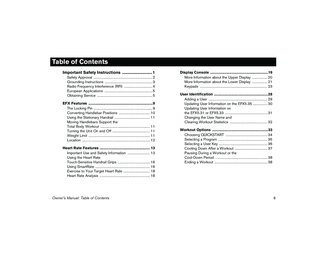 Precor 5.35, 5.31 manual Table of Contents 