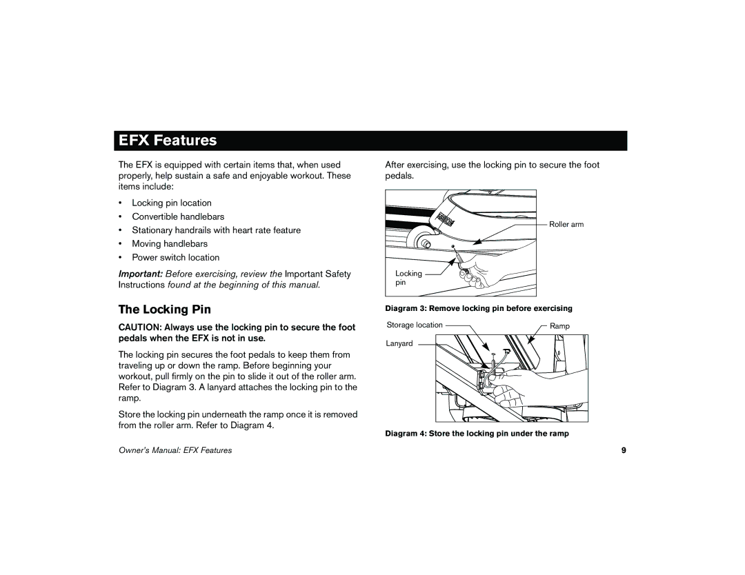 Precor 5.37 manual EFX Features, Locking Pin 